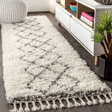 Beautiful mercer Shag Plush Tassel Moroccan Tribal Geometric Trellis Area Rug